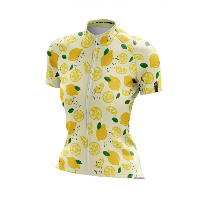 Women's cycling jersey lemon-slice limited series SARA - <ul><li>This original women's cycling jersey was made in Slovakia out of 100% recycled blend of polyester and spandex</li><li> It blocks the wind and is enough breathable</li><li> Full-length zipper fitted design with prolonged stand-up collar and a molded back</li>